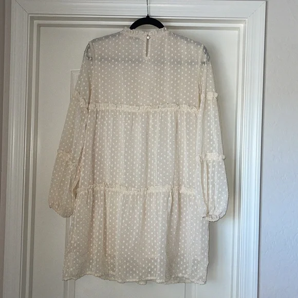 SOLUTION Cream off white Swiss Dot Babydoll Dress long sleeve ruffled edges Sz S - Picture 6 of 14